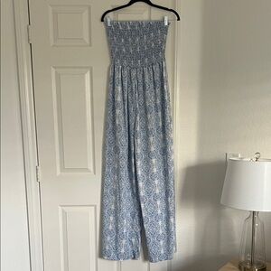 Blue Patterned Strapless Women's Wide leg Jumpsuit